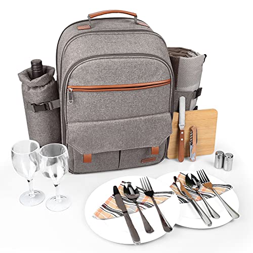 Sunflora Insulated Picnic Backpack for 2 Person Bag with Cooler Compartment, Blanket and Stainless Steel Cutlery Set for Couple, Lovers and Friends (Brush Beige) - color: Brush Beige, size: 2 person