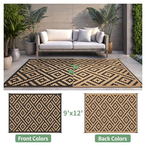sarben Outdoor Rug for Patio - Waterproof Plastic Straw Camping Rugs 9x12 ft, Reversible Outdoor Indoor RV Mat Carpet for Patio, Porch, Deck, Balcony, Picnic, Beach, Black Brown - color: Black&brown, size: 9' x 12' (Rectangular)