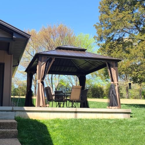 Domi 12' x 14' Hardtop Gazebo Permanent Metal Gazebo with Galvanized Steel Double Roof, Curtains and Netting for Party, Wedding, Outdoor Dining, Patio, Backyard, Brown - color: Brown, size: 12'×14' Double Roof
