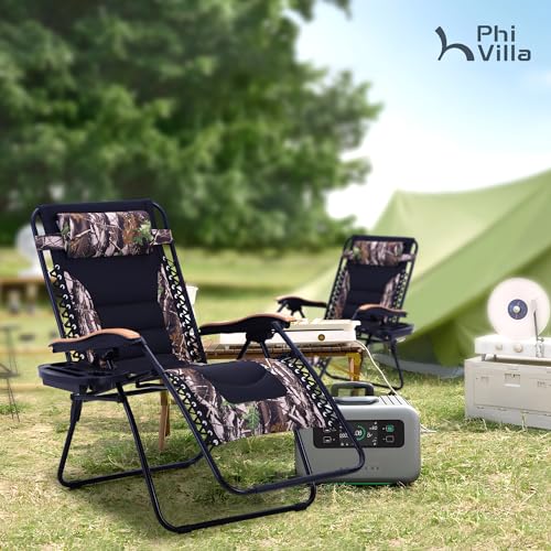 PHI VILLA XXL Oversized Padded Zero Gravity Chair, Foldable Patio Recliner, 30" Wide Seat Anti Gravity Lounger with Cup Holder, Support 400 LBS (Camouflage) - color: Camouflage, style: 1 Pcs