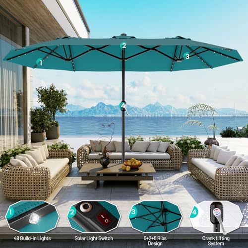 AreShark 15FT Patio Umbrella with Solar Lights, Double Sided Outdoor Table Umbrellas with Crank, Large Rectangular Market Umbrella for Porch, Lawn, Pool, Backyard, Lake Blue - color: Lake Blue, size: 9x15 Ft