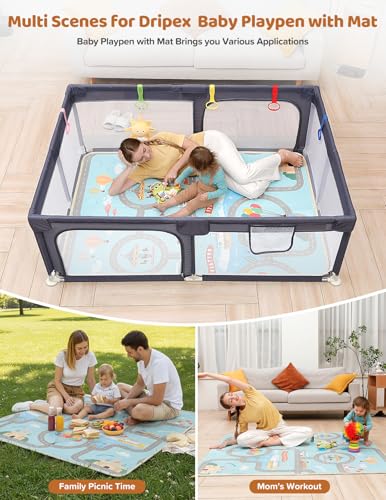 Dripex Baby Playpen with Mat, 71"x47" Play Pen for Toddlers 1-3 Years, Soft Breathable Visible Mesh, Indoor/Outdoor Portable Play Yard with Mat, Safe Baby Fence Play Area, Dark Grey - color: Dark Grey, size: 71"×47" with Mat