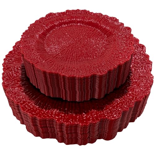 DaYammi 60Pcs Red Plastic Plates - Red Pates Disposable & Reusable - Heavy Duty Plastic Plates for Party Including 30 Dinner Plate,30 Dessert Plate,red disposable plates for Parties Wedding - color: Red