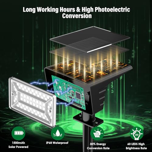 Solar Spot Lights Outdoor with 60 LED & Auto On/Off, 2 Pack Solar Lights Outdoor Waterproof IP68 with 3 Lighting Modes, 2-in-1 Solars Landscape Light for Outside, Garden, Yard(Cool White) - color: Cool White, size: 2 Pack