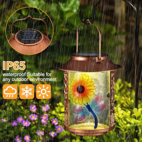 Dragonfly Solar Lanterns Outdoor Waterproof, Birthday Gifts for Women Mom Grandma , Metal Garden Decor Hanging Solar Lights Outside Decorative for Yard Patio Backyard Porch Decorations (Sunflower) - style: Dragonfly+Sunflower