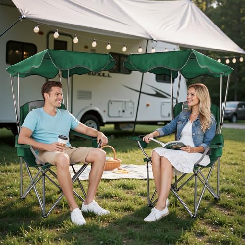Northroad Folding Camping Chairs with Canopy Shade, Beach Chair w/Cup Holders, Armrests & Carry Bag for Outdoors Travel Sports Fishing, Green - color: Green