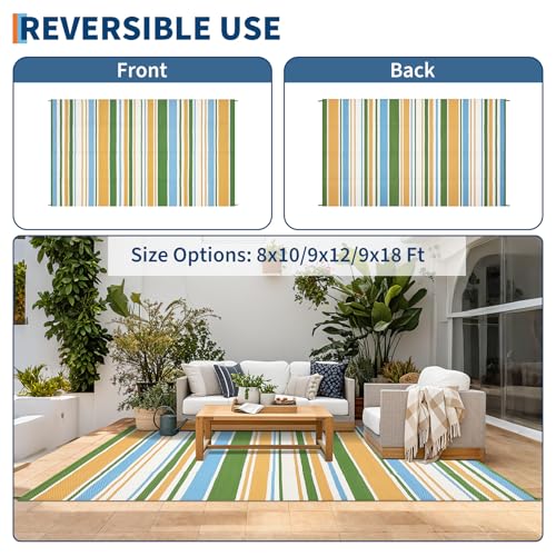 GarveeHome Outdoor Rug 8x10 Colorful Geometric Lines Plastic Straw Indoor Outdoor Rugs Striped Reversible Patio Outdoor Rug Portable Outside Carpet for Trailer RV Beach Pool, Yellow Blue Green White - color: Geometric Stripes| Yellow Blue Green White, siz