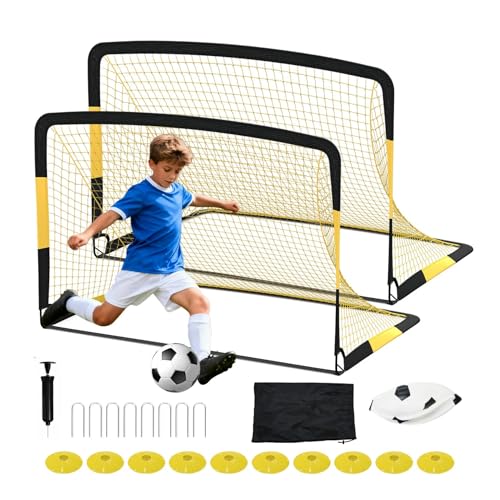 6x4 ft Soccer Goal 2 Pack, Kids Soccer Goals for Backyard Set, Portable Pop Up Soccer Net with Soccer Ball, Cones, Ground Stakes & Carrying Bag, Complete Training Equipment, for Indoor Outdoor