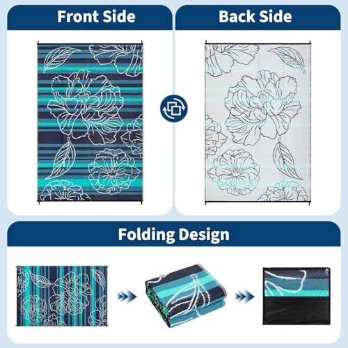 Garvee 8x10 Outdoor Waterproof Rug, Floral Outdoor Area Rug，Reversible Plastic Straw Patio Rug, Portable Camping Mat for RV, Picnic, Beach, Balcony, Garden & Camping Black&Blue - color: Blackblue, size: 8' x 10' (Rectangular)