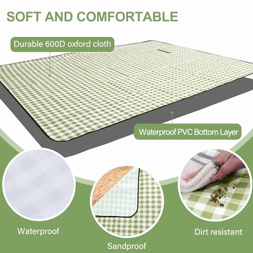 HX&OD Picnic Blanket Outdoor Extra Large Picnic Mat 80"X60" Camping Blanket Beach Blanket Foldable Waterproof Sand Mat Hiking Travel Family Concerts(Green) - color: Green, size: 80”x 60”