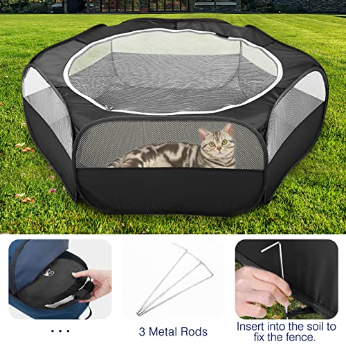Pawaboo Small Animals Playpen, Waterproof Small Pet Cage Tent with Zippered Cover, Portable Outdoor Yard Fence with 3 Metal Rod for Kitten/Puppy/Guinea Pig/Rabbits/Hamster/Chinchillas, Black - color: H-Black