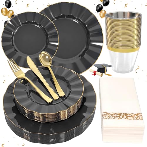 175 Plastic Dinnerware Set Party Supplies Disposable Dinnerware for 25 Guests Include 50 Plastic Plates,25 Silverware Set 25 Cups 25 Napkins Plastic Plates for Graduation Party Wedding（Black and Gold） - color: Black