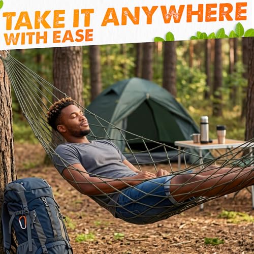 Mesh Hammock - Easy to Set Up Rope Hammocks for Outside, Dark Green Color, 90x31.5 Nylon Net Hammock, Max 100 KG (220 Pounds), Tree Hammocks for Outside, Camping & Patio Relaxation