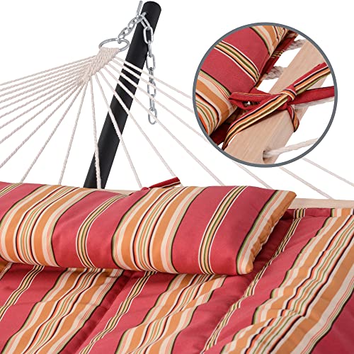 SUNCREAT Two Person Rope Hammock with Pad, Hanging Tree Double Hammock with Large Pillow, Hardwood Spreader Bar, Red Stripe - color: Red Stripe