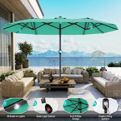 AreShark 13 FT Patio Umbrella with Solar Lights, Double-Sided Outdoor Table Umbrellas with Crank, Large Rectangular Market Umbrella for Porch, Lawn, Pool, Backyard, Cerulean - color: Cerulean, size: 6.5x13 Ft