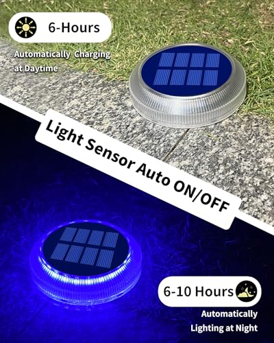 DetarZinLED 6 Packs Solar Driveway Lights, Blue Dock Deck Lights Solar Powered Outdoor IP68 Waterproof, Stick on Light for Step, Stair, Driveway, Pool, Pathway, Walkway, Patio - size: 6pcs Blue Round