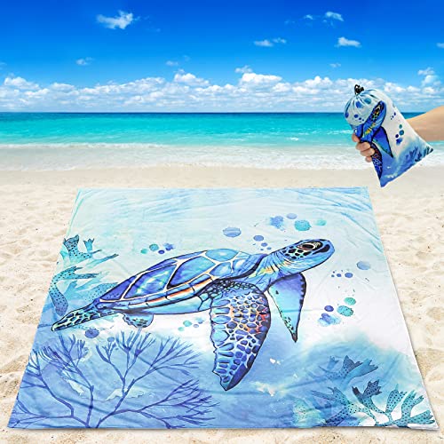 AISPARKY Beach Blanket Waterproof Sandproof Extra Large, Oversized Beach Mat, Quick Drying&Compact&Lightweight, Picnic Blankets Vacation Essentials for Outdoor Beach Camping (79" X 108" (6 Person)) - color: Blue - Turtle, size: 9' x 6'7"