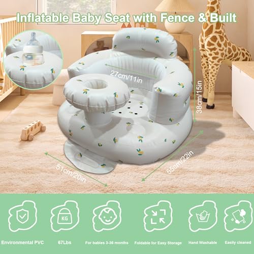Inflatable Baby Seat for Babies 3-36 Months, Baby Chair with Fence & Built in Air Pump, Blow Up Floor Baby Seat with Back Support, Baby Chair Sit Me Up Olive-Tray - color: Yellow Olive-Tray