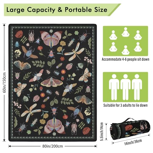 Insect Picnic Blankets Waterproof Foldable, 60″X80″ Packable Picnic Mat Boho Outdoor Blanket for Grass, Large Beach Blanket Sandproof Picnic Accessories for Camping Music Festival Park Lawn Travel - color: C06, size: 5' X 6'8" (Rectangular)