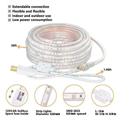 SURNIE LED Rope Lights Outdoor Waterproof Warm White, 50ft Outside Bright Lighting Cuttable Connectable Flexible 110V Cool Clear Flat 3000K, Indoor Deck Patio Christmas Camping Decor, Not Tube Rope - color: Warm White, size: 50ft