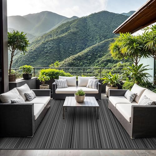 GENIMO Outdoor Rug 6x9 ft Waterproof, Reversible Plastic Straw Patio Rug for RV Camping Mat, Deck, Backyard Balcony Mat - Lightweight & Easy to Clean, BlackGray - color: Blackgray, size: 6' x 9' (Rectangular)
