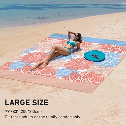 HIHOHO Beach Blanket Waterproof Sandproof Extra Large Beach Mat 79" X 83"/120"x108"for 1-8 Adults Quick Drying Durable Outdoor Picnic Mat for Beach Travel Camping Hiking - color: Blue Flower, size: 79" X 83"（1~3 person）