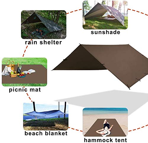 KALINCO Waterproof Camping Tarp Tent Hammock Rain Fly, 13X13FT, Mutifunctional Tent Footprint Lightweight Tarp for Camping, Hiking and Survival Shelter - color: Coffee-4x4m
