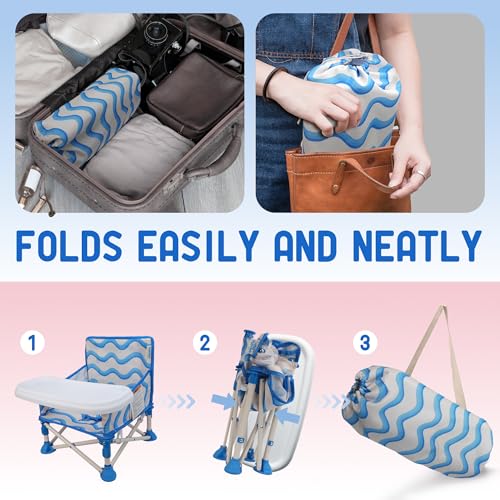 Tiny Marvels 3-in-1 Portable Baby Chair, Foldable Booster Seat with Removable Tray, Safety Harness & Carry Bag for Dining, Travel, Camping, Beach, 6M-3Y (Big Waive) - color: Big Waive