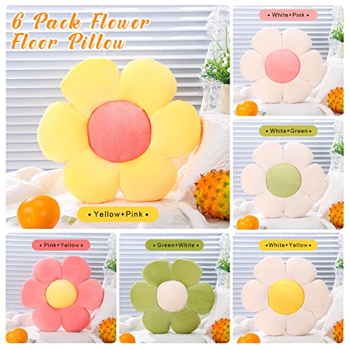 Coume 6 Pcs Flower Floor Pillows - 16 Inch Daisy Throw Pillows Cute Flower Decorative Floor Seat Cushions for Bedroom Home Sofa Chair Couch Decor(Yellow, Pink, Green with White Core) - color: Yellow, Pink, Green, White