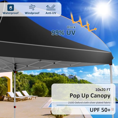 COBIZI 10x20 Pop Up Canopy with 6 Sidewalls, Conical Canopy Tents for Parties, Backyard, Commercial, Waterproof Event Tent Instant Shelter UV50+ Outdoor Gazebo with 4 Sandbags (Peak Drainage) - color: Pure Black, size: 10x20FT