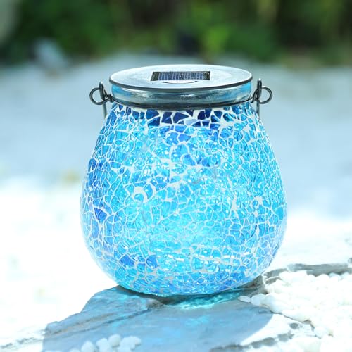 Afirst Mosaic Solar Lanterns Outdoor - Glass Hanging Solar Lights Hollow Out Waterproof Table Lamp Outdoor Decorative for Garden, Patio, Holiday Party Outdoor Decoration - style: ice-blue