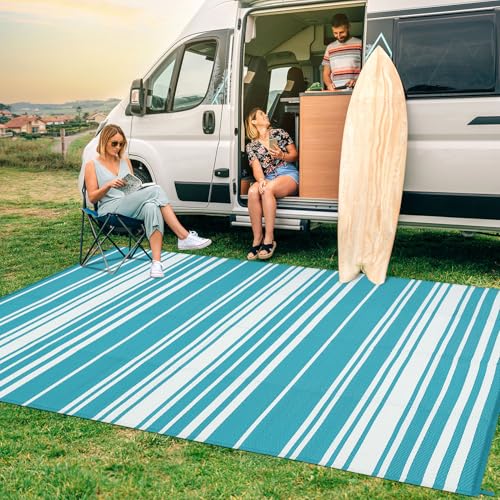 GarveeHome Modern Geometric Lines 9x18 Outdoor Large Rugs Non Shedding Reversible Plastic Straw Indoor Outdoor Rugs UV-Resistant Portable Outside Carpet for Trailer Backyard Balcony, Light Blue White - color: Geometric Stripes| Teal White, size: 9' x 18'