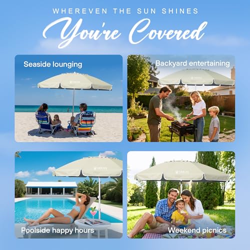 AMMSUN 8 Feet Large Beach Umbrella with Sand Anchor Heavy Duty High Wind Portable Outdoor Umbrellas UV 50+ Protection Air Vent Tilt Patio Garden Pool - color: Cream Khaki