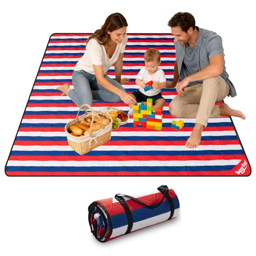 Picnic Blanket Waterproof 80"x80" – Extra Large Outdoor Blanket for Beach, Park, Grass, Lawn, Camping, Sandproof, Foldable & Portable Mat, Wedding Registry Gift for Family & Travel - color: Red White & Blue Stripe