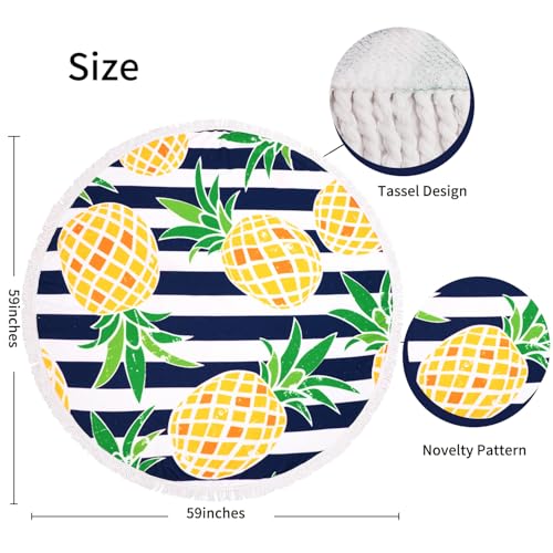 Benefeet Sox Beach Towel Large Round Mandala Pool Towels Tassels Microfiber Quick Dry Beach Blanket Throw Bohemian Roundie Swim Pool Circle Towel, 59 Inches - color: White Navy Striped Yellow Pineapple