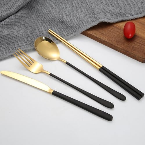 4 Pieces Utensils Set with Case, Portable Reusable Stainless Steel Cutlery Set, Chopsticks Knife Fork and Spoon Lunch Utensils Set for Travel