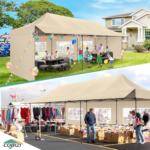 COBIZI 10x30 Pop Up Canopy Tent with Awning & Sidewalls, Heavy Duty Commercial 10X30 Canopy Tents Instant Waterproof, UPF 50+ Sun Shade for Outdoor, Parties, Markets (Khaki) - color: Khaki, size: 10x30FT with 5 Sidewalls & 3 Awning Cloth