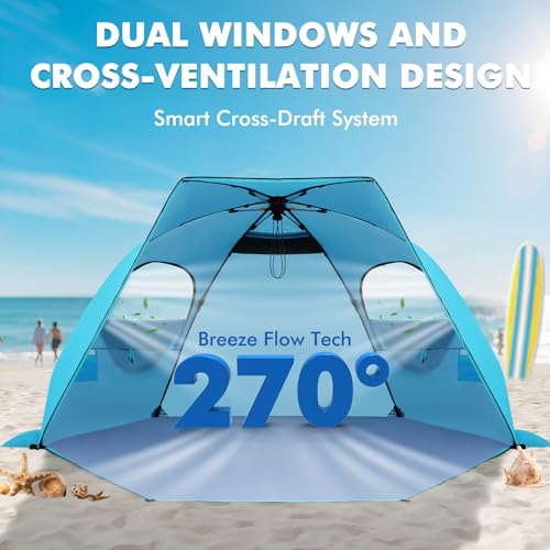 Elegear CumbreX™ Beach Tent with Canopy 4-6 Person, 1-Second Umbrella-Style Setup Pop Up Sun Shelter Shade, UPF 50+ UV Protection Four-Layer Silver-Coated Lightweight Portable Beach Cabana - Aqua Blue - color: Aqua Blue