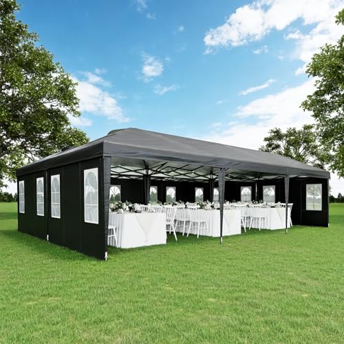 EROMMY 10x30 Heavy Duty Pop Up Canopy Tent with 8 Removable Sidewalls, Waterproof UV50+ Gazebo with Mosquito Netting, Easy Setup Instant Shelter for Backyard, Party, Wedding & Commercial Use, Black - color: Black, size: 10’x 30’