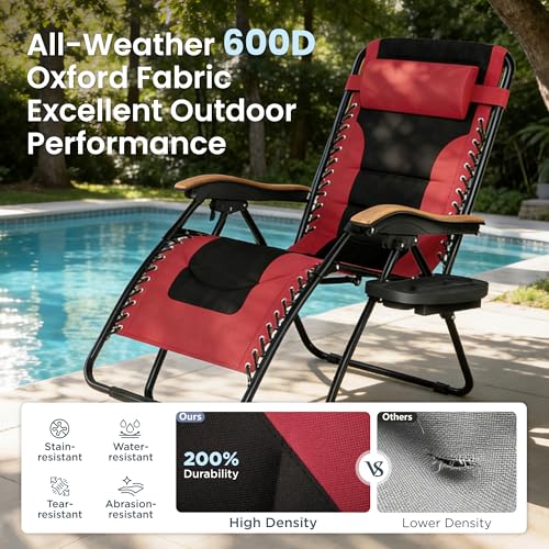 PHI VILLA XXL Oversized Padded Zero Gravity Chair Set of 2, Foldable Patio Recliner, 30" Wide Seat Anti Gravity Lounger with Armrest and Cup Holder, Support 400 LBS (Red) - color: Red, style: 2 Pcs