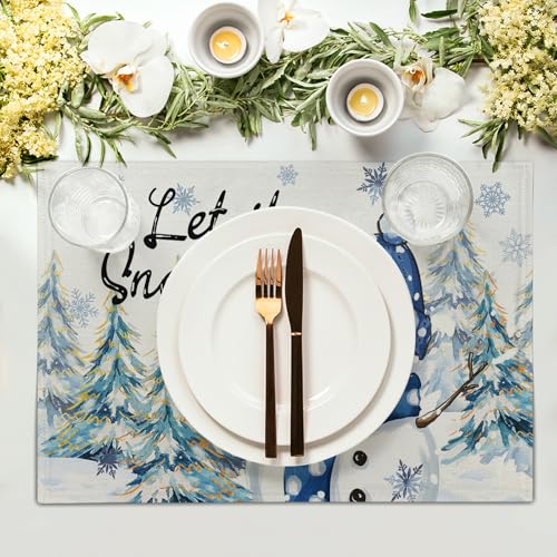Winter Placemat Set of 4, 12x18 Inch Farmhouse Seasonal Snowman Snow Linen Washable Heat Resistant Table Mats for Holiday Party Picnic Dining Decoration - color: Winter Snowman