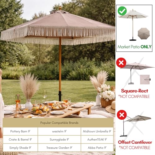 Formosa Covers 9ft 8-Rib Boho Replacement Umbrella Canopy with Tassel Fringe Valance, 600D Polyester, UV-Treated, Fits Market Patio Frames - color: Tassel Taupe