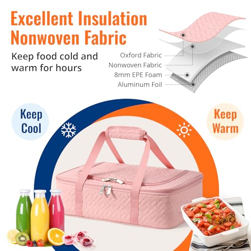 Insulated Casserole Carrier - Portable Casserole Carrier for Hot or Cold Food, Lasagna Holder for Parties,Picnic,Cookouts,Traveling - Fits 9" x 13" Baking Dish (Pink) - color: Pink