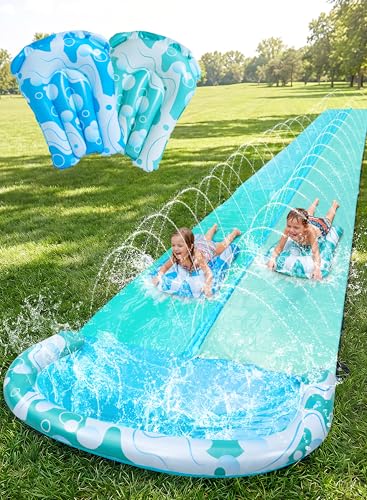 JOYIN 32.5FT Water Slide and 2 Inflatable Boards, Extra Long Heavy Duty Double Lawn Waterslide with Sprinkler for Kids Adults Backyard Summer Water Toy Outdoor Fun, Blue, Light Blue - color: Blue, Light Blue, size: 32.5ft