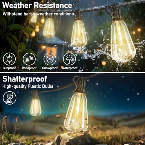 100FT Outdoor Solar String Lights with Remote, USB Rechargeable LED Patio Lights with 52 Timer Dimmable ST38 Edison Bulbs, Enhanced 5W Solar Panel Outside Hanging Lights for Porch Garden Deck Backyard - size: 100FT