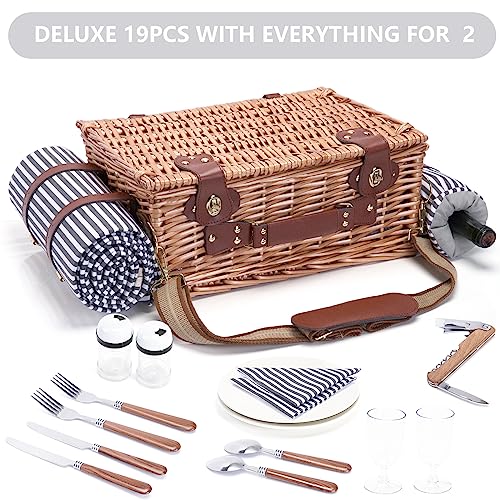 Picnic Basket with Blanket and Wine Pouch for 2 Wicker Picnic Set with Insulated Liner Cooler Bag Hamper for Camping,Wedding - Stripes - color: Stripes With Blanket for 2