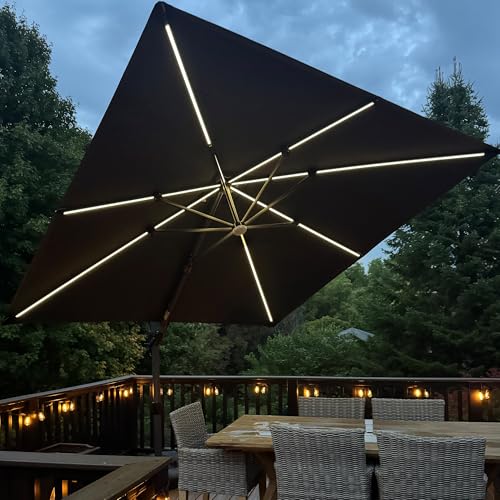 PURPLE LEAF 10 Feet Patio Umbrella Outdoor Cantilever Solar Powered LED Swivel Square Umbrella Aluminum Offset Umbrella with 360-degree Rotation for Garden Deck Pool Patio, Grey - color: Grey, size: 10' X 10', style: Left-right Tilt（LED）