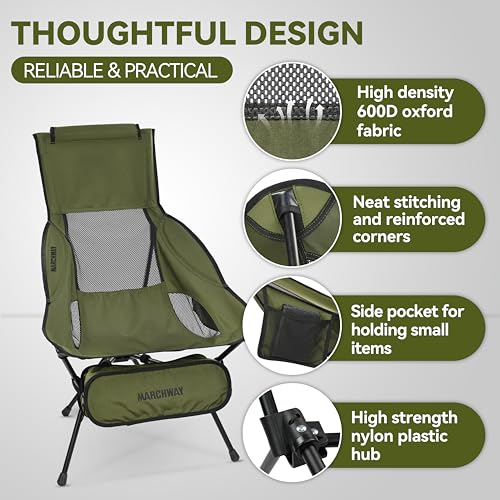 MARCHWAY Lightweight Folding High Back Camping Chair with Head Support, Stable Portable Compact for Outdoor Camp, Travel, Beach, Picnic, Festival, Hiking, Backpacking (Highback Green) - color: Highback Green