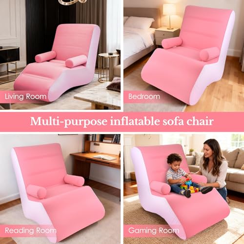Inflatable Deck Chair with Air Pump, Foldable Lounge Chair for Bedroom and Living Room, Indoor Sofa Lounge with Handrails(Pink) - color: Pink