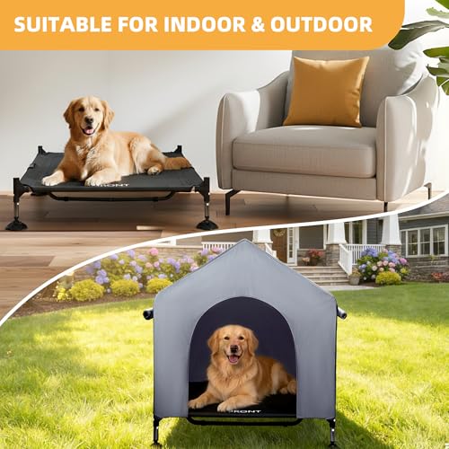 42" Dog House Outdoor Indoor with Breathable Mesh Windows, 2-in-1 Outside Dog House Elevated Dog Bed Cot Dog Tent Shade Shelter, Easy to Assemble & Clean (42 INCH) - size: 42 INCH